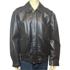 Vintage St Johns Bay Mens Black Genuine Leather Bomber Flight Jacket Map Lining